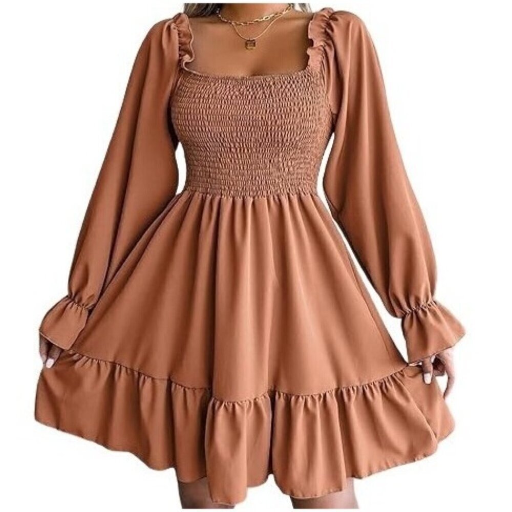 Long sleeve ruched dress in rust orange with ruffled hem, polyester. Size L NWT